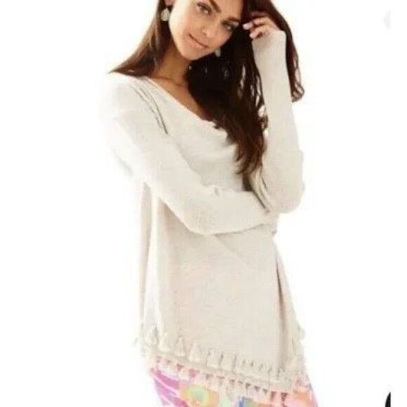 Lilly Pulitzer Ferrera cream tasseled S drape neck sweater - Picture 1 of 5